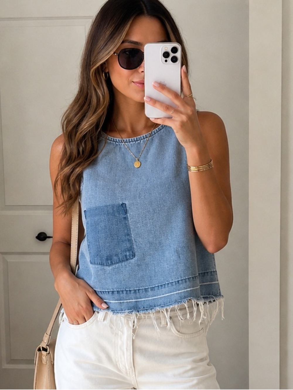 Bella Dahl Light Blue Frayed Denim Tank Top
